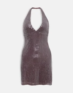 Hepasi Halter Dress in Clear Tinted Sequin Brown