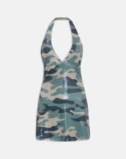 Hepasi Halter Mini Dress in Camo Sequin Khaki Green