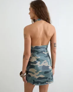 Hepasi Halter Mini Dress in Camo Sequin Khaki Green