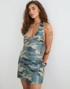 Hepasi Halter Mini Dress in Camo Sequin Khaki Green