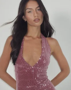 Hepasi Halter Mini Dress in Clear Sequin Maroon