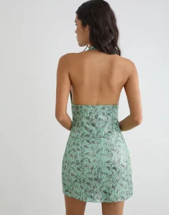 Hepasi Halter Mini Dress in Paisley Sequin Teal