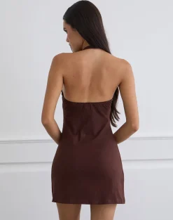 Hepzhi Mini Dress in Bitter Chocolate with Floral Embroidery