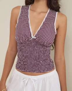 Hevalis Plunge Top in Mini Gingham Wine