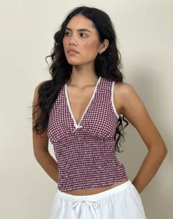 Hevalis Plunge Top in Mini Gingham Wine