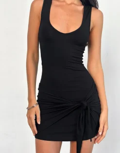 Hikira Plunge Mini Dress in Black with Tie Belt