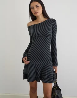Hongsai Mini Dress in Oblique Stripe Ocean Storm