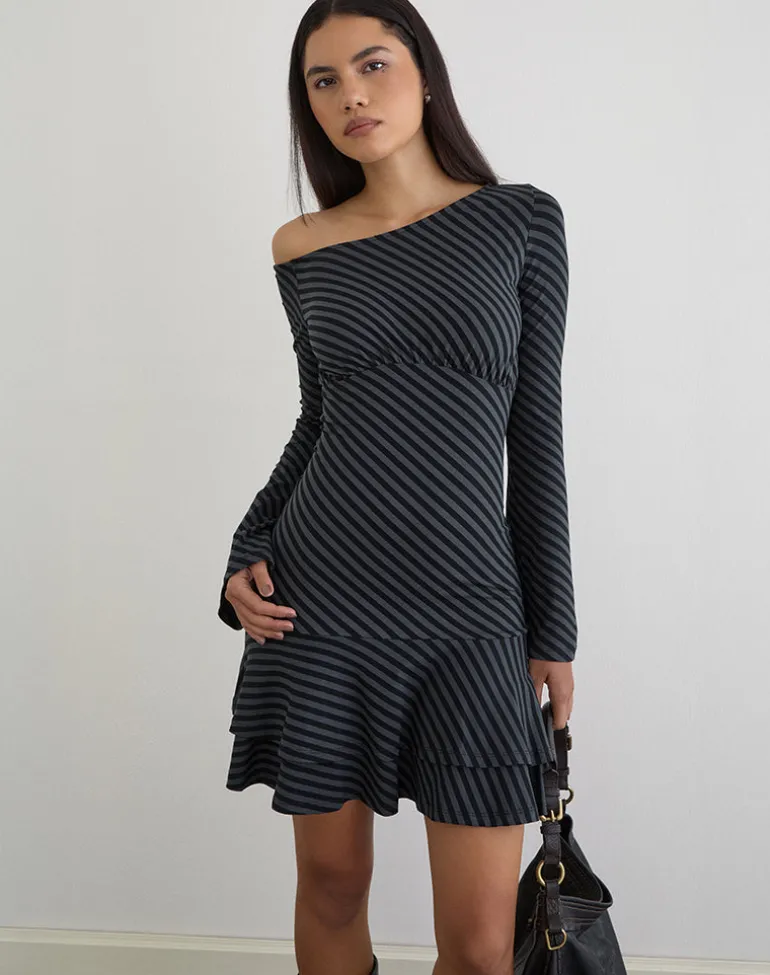 Hongsai Mini Dress in Oblique Stripe Ocean Storm