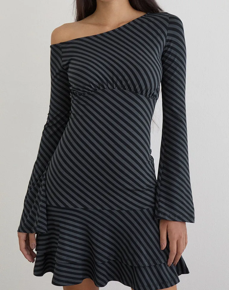 Hongsai Mini Dress in Oblique Stripe Ocean Storm