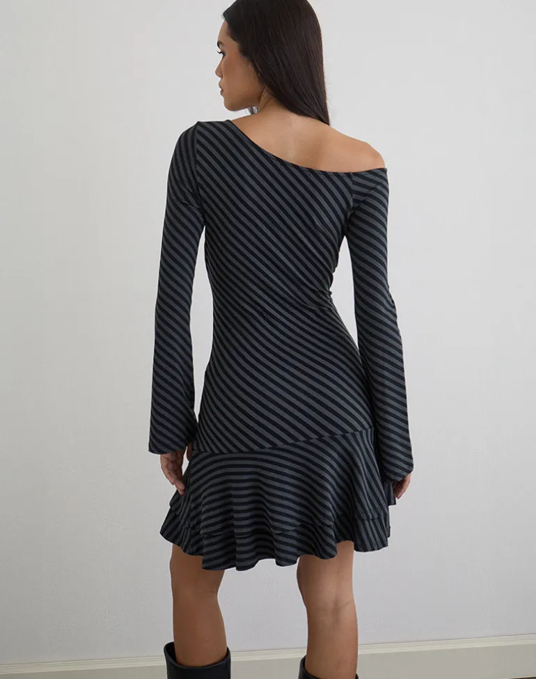 Hongsai Mini Dress in Oblique Stripe Ocean Storm