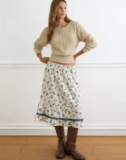 Ilaria Midi Skirt in Ditsy Leaf Rose Navy