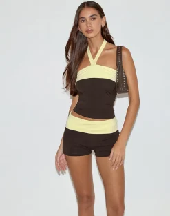 Inrida Halterneck Top in Chocolate Brown and Lemon