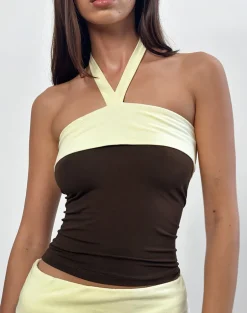Inrida Halterneck Top in Chocolate Brown and Lemon