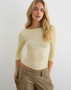 Ione Quarter Sleeve Top in Butter Yellow with Micro Polka Dots