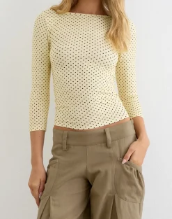 Ione Quarter Sleeve Top in Butter Yellow with Micro Polka Dots