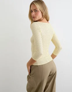 Ione Quarter Sleeve Top in Butter Yellow with Micro Polka Dots