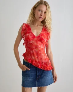 Iravela Asym Top in Paisley Chiffon Red