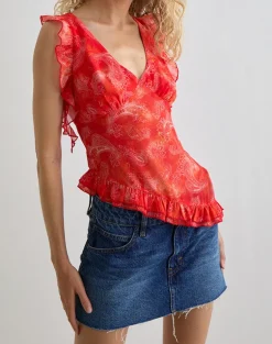 Iravela Asym Top in Paisley Chiffon Red