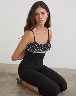 Iridia Top in Cupro Black with Tiny Polka Ruffles