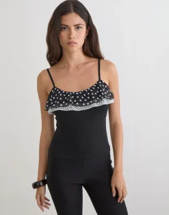 Iridia Top in Cupro Black with Tiny Polka Ruffles