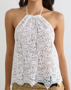 Irina Halterneck Top in Woven Crochet Ivory