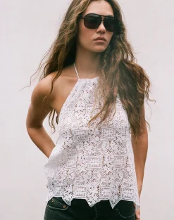 Irina Halterneck Top in Woven Crochet Ivory