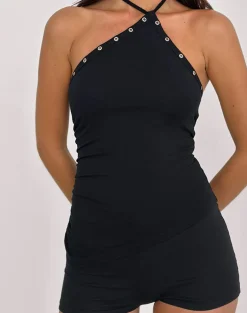 Ishika Asymmetric Neck Top with Eyelets in Black
