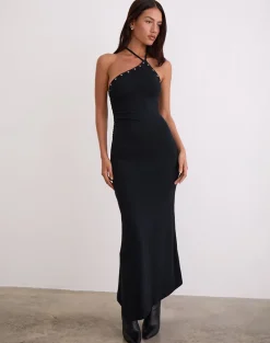 Ishikawa Asymmetrical Maxi Dress with Eyelets in Black