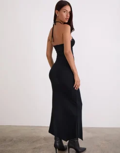 Ishikawa Asymmetrical Maxi Dress with Eyelets in Black