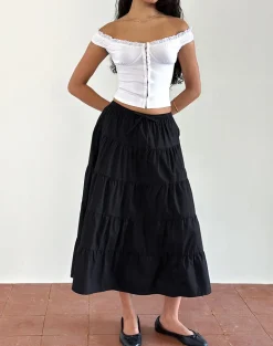 Izumi Tiered Midi Skirt in Poplin Black