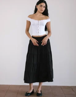 Izumi Tiered Midi Skirt in Poplin Black