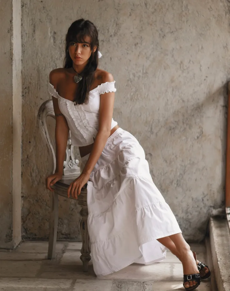 Izumi Tiered Midi Skirt in Poplin White