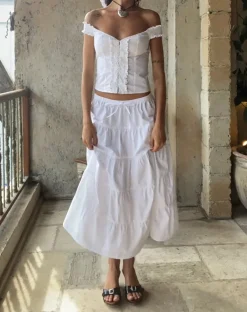 Izumi Tiered Midi Skirt in Poplin White