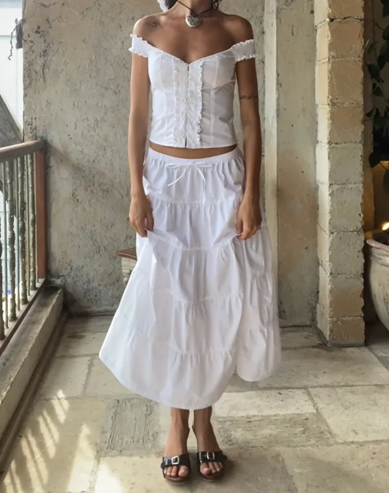 Izumi Tiered Midi Skirt in Poplin White