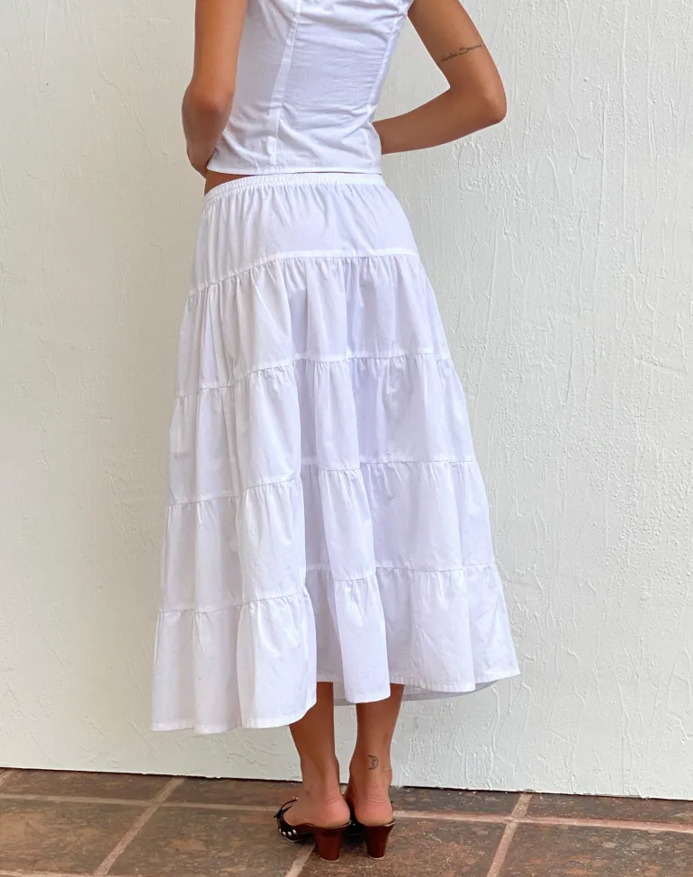 Izumi Tiered Midi Skirt in Poplin White