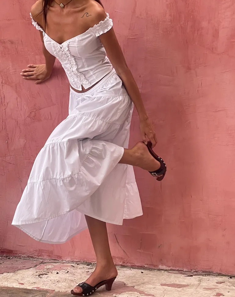 Izumi Tiered Midi Skirt in Poplin White