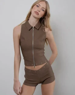 Janae Studded Vest in Tailoring Brown