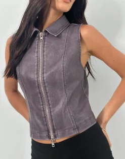 Janae Vest Top in Distressed PU Washed Plum