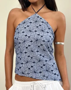 Janisa Halterneck Top in Blue Striped Flowers