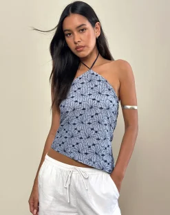 Janisa Halterneck Top in Blue Striped Flowers