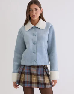 Jano Jacket in Faux Suede Blue with Borg