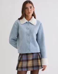 Jano Jacket in Faux Suede Blue with Borg