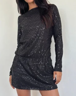 Jasilia Long Sleeve Mini Dress in Gauzy Sequin Black