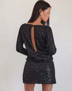 Jasilia Long Sleeve Mini Dress in Gauzy Sequin Black