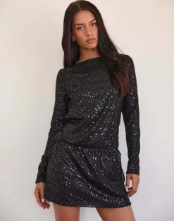 Jasilia Long Sleeve Mini Dress in Gauzy Sequin Black