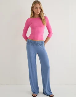 Jia Trouser in Cupro Dusty Blue with Lace Trim