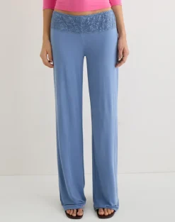 Jia Trouser in Cupro Dusty Blue with Lace Trim
