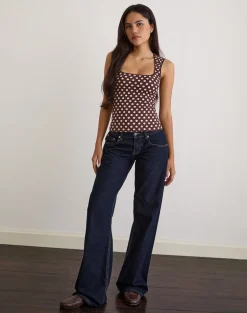 Jinalo Sweetheart Top in Brown with Small Cream Polka Prints