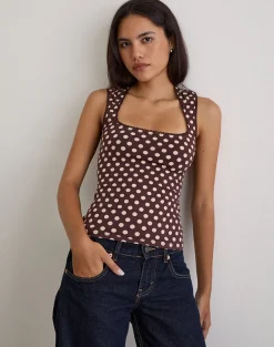 Jinalo Sweetheart Top in Brown with Small Cream Polka Prints