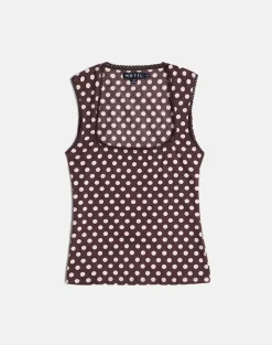 Jinalo Sweetheart Top in Brown with Small Cream Polka Prints